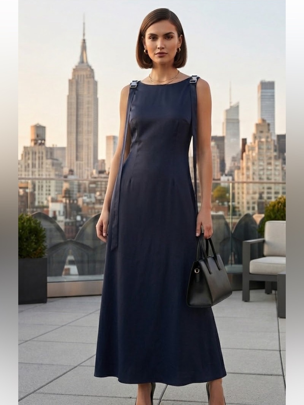 Massimo Dutti Navy Tie-Detail Maxi Dress